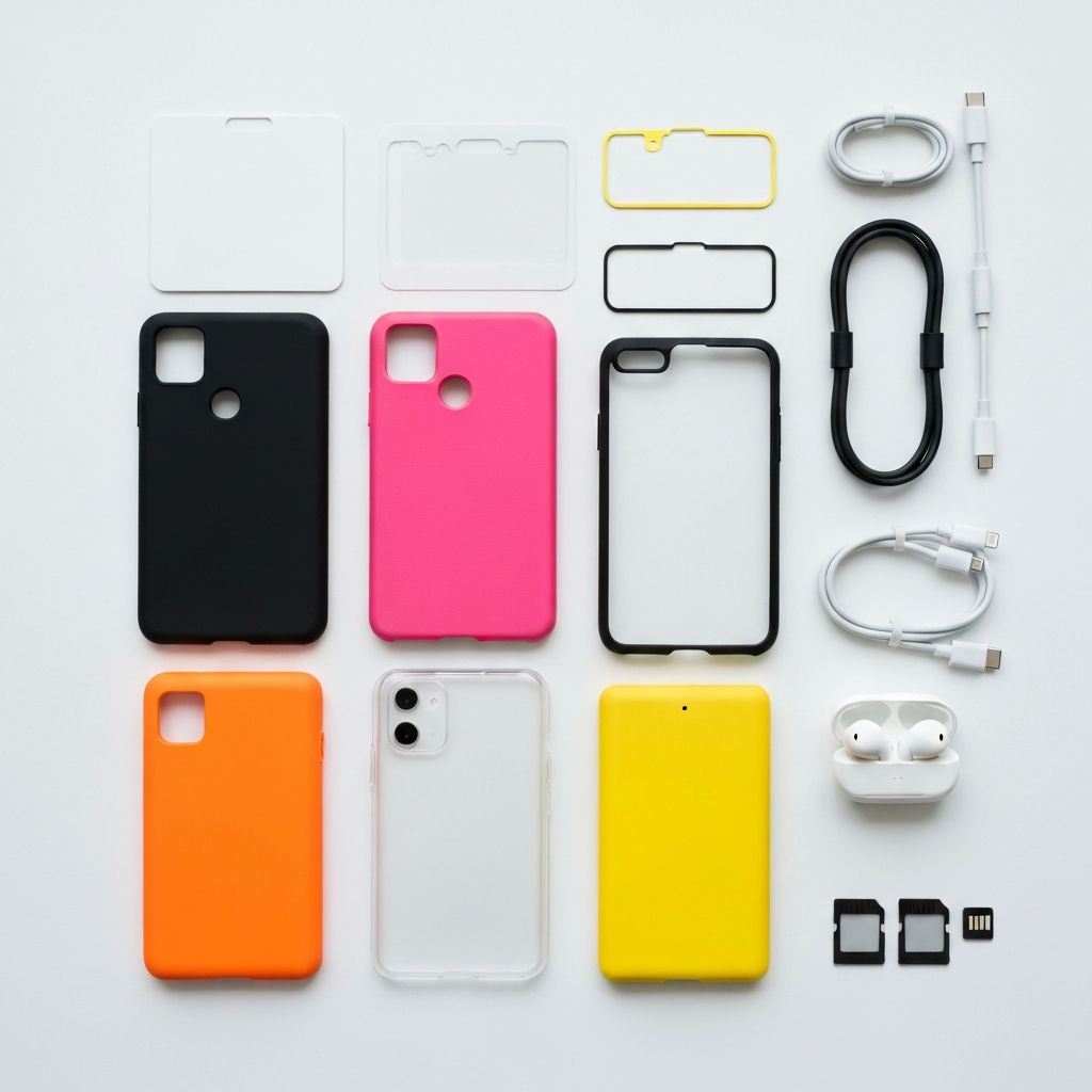 Flat lay of mobile phone accessories including cases, chargers, earbuds, and memory cards on a white surface