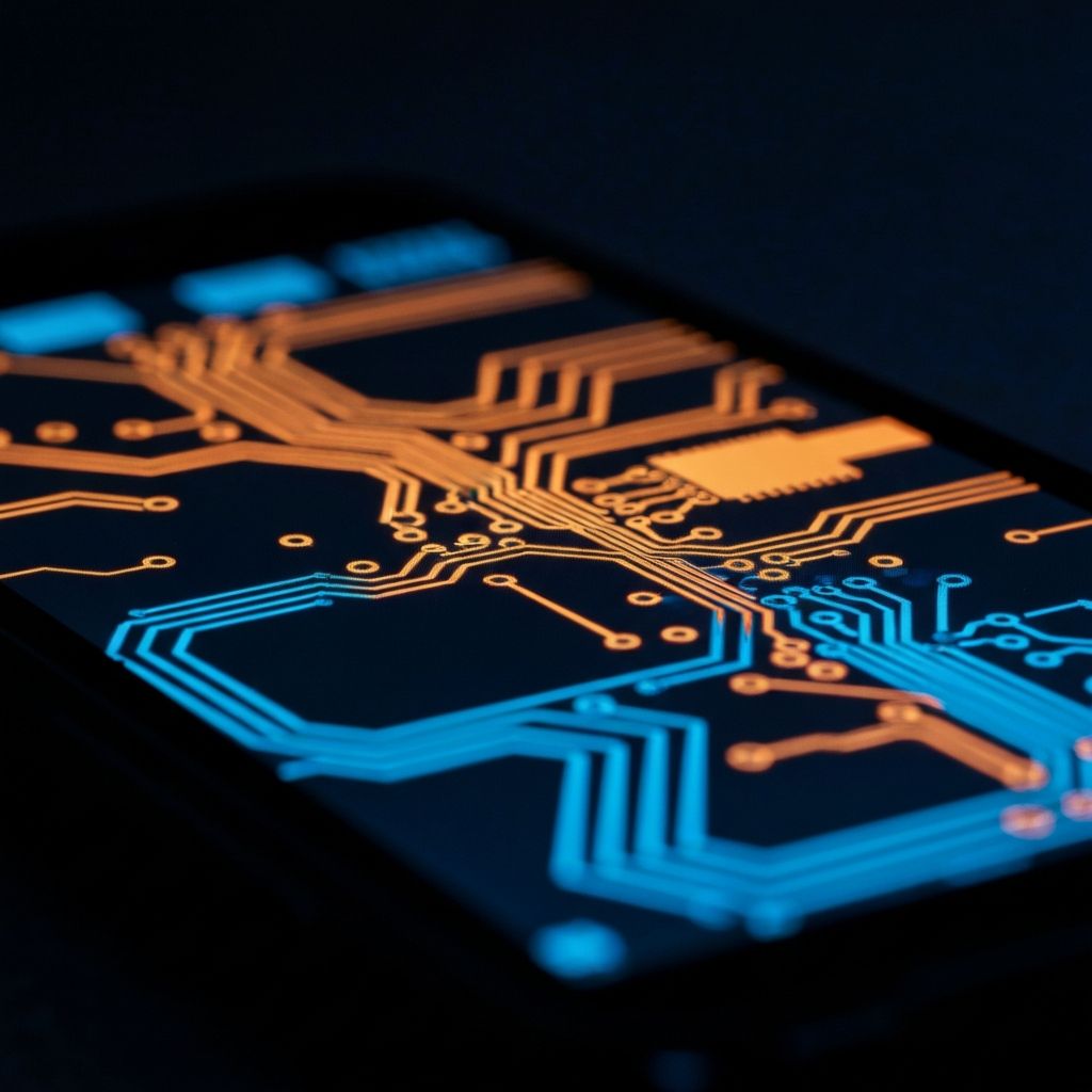 Close-up of a glowing smartphone with colourful tech light reflections