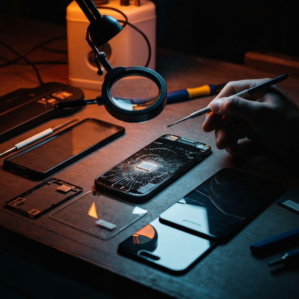 Close-up of a cracked smartphone screen being professionally repaired with precision tools