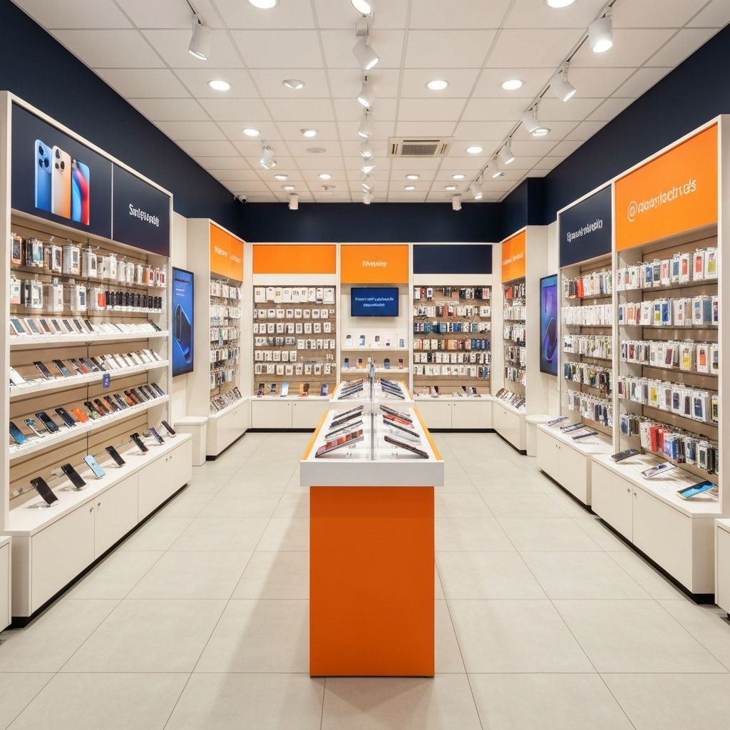 Interior of Class Communications Stanhope, a bright mobile phone and electronics retail shop